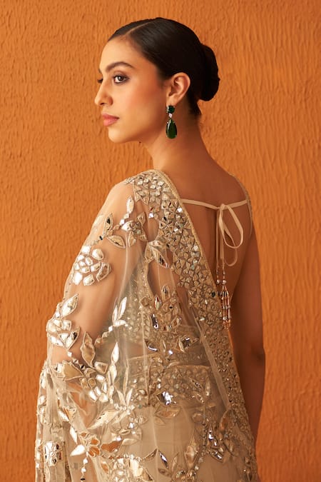 Shop_Angad Singh_Gold Net Mirrors, Zari, Applique Plunge Border Embroidered Saree With Blouse _Online_at_Aza_Fashions