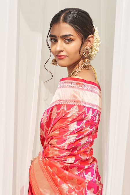 Five Point Five Pink Silk Embroidery Turvi Jhoomar Jaal Handwoven Saree With Running Blouse Online at Aza Fashions Five Point Five_Pink Silk Embroidery Turvi Jhoomar Jaal Handwoven Saree With Running Blouse _Online_at_Aza_Fashions