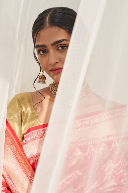 Shop Five Point Five Pink Silk Embroidery Turvi Jhoomar Jaal Handwoven Saree With Running Blouse Online at Aza Fashions Shop_Five Point Five_Pink Silk Embroidery Turvi Jhoomar Jaal Handwoven Saree With Running Blouse _Online_at_Aza_Fashions