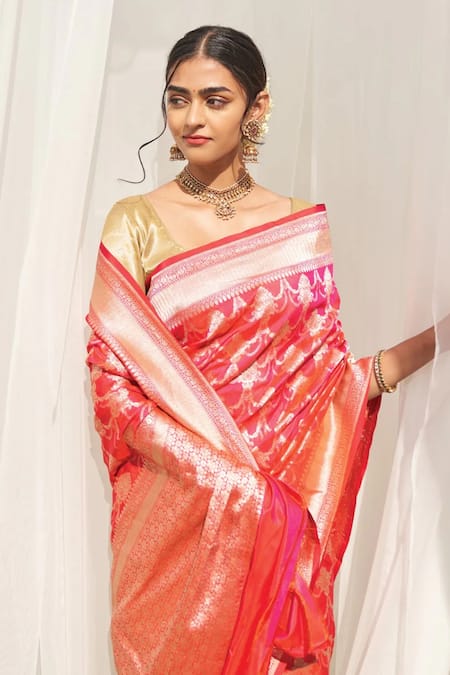 Five Point Five Pink Silk Embroidery Turvi Jhoomar Jaal Handwoven Saree With Running Blouse at Aza Fashions Five Point Five_Pink Silk Embroidery Turvi Jhoomar Jaal Handwoven Saree With Running Blouse _at_Aza_Fashions