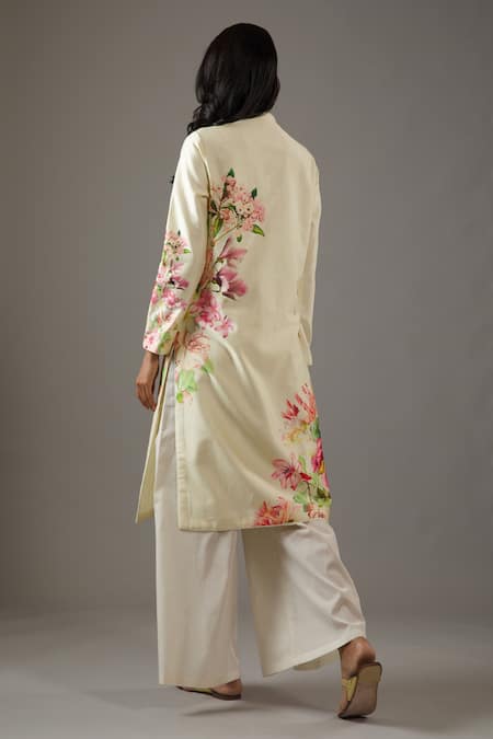 Shop Balance By Rohit Bal Ivory Chanderi Silk, Cotton Embroidery Mandarin Printed Tunic And Palazzo Set at Aza Fashions Shop_Balance By Rohit Bal_Ivory Chanderi Silk, Cotton Embroidery Mandarin Printed Tunic And Palazzo Set _at_Aza_Fashions