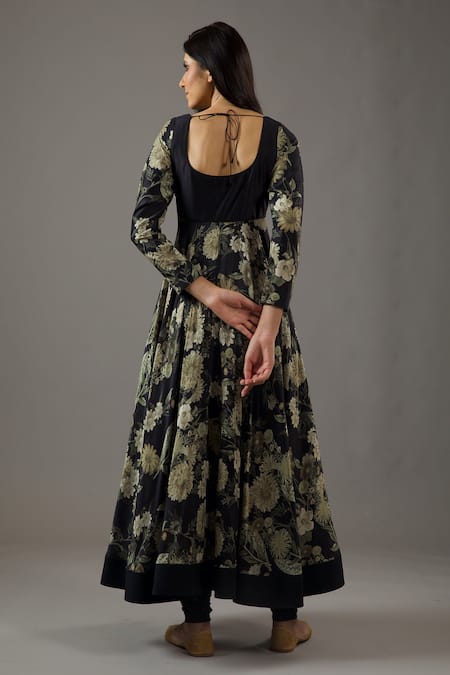 Shop Balance By Rohit Bal Black Chanderi Silk, Cotton, Net Embroidery Scoop Neck Floral Print Anarkali Set at Aza Fashions Shop_Balance By Rohit Bal_Black Chanderi Silk, Cotton, Net Embroidery Scoop Neck Floral Print Anarkali Set _at_Aza_Fashions