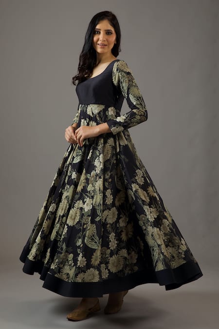 Balance By Rohit Bal Black Chanderi Silk, Cotton, Net Embroidery Scoop Neck Floral Print Anarkali Set Online at Aza Fashions Balance By Rohit Bal_Black Chanderi Silk, Cotton, Net Embroidery Scoop Neck Floral Print Anarkali Set _Online_at_Aza_Fashions