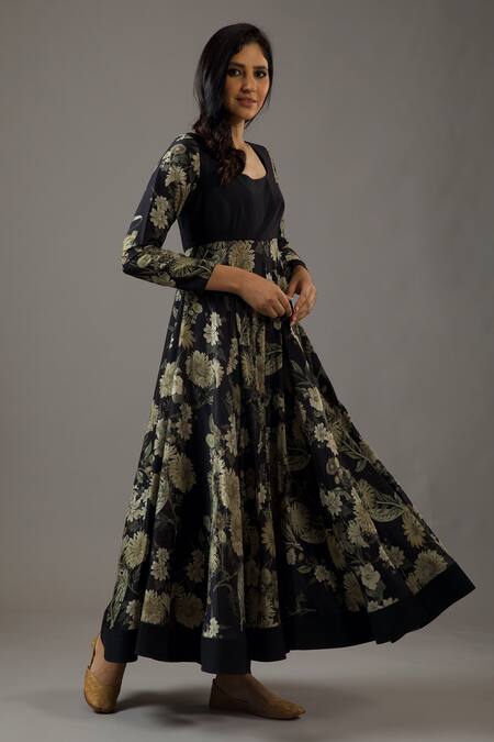 Shop Balance By Rohit Bal Black Chanderi Silk, Cotton, Net Embroidery Scoop Neck Floral Print Anarkali Set Online at Aza Fashions Shop_Balance By Rohit Bal_Black Chanderi Silk, Cotton, Net Embroidery Scoop Neck Floral Print Anarkali Set _Online_at_Aza_Fashions