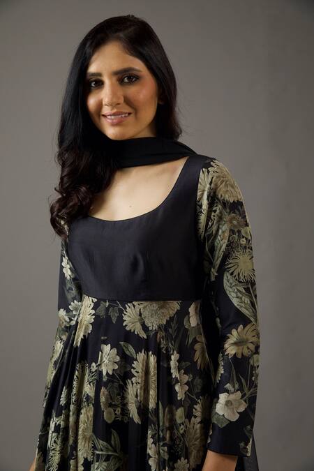 Buy Balance By Rohit Bal Black Chanderi Silk, Cotton, Net Embroidery Scoop Neck Floral Print Anarkali Set Buy_Balance By Rohit Bal_Black Chanderi Silk, Cotton, Net Embroidery Scoop Neck Floral Print Anarkali Set