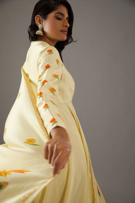 Balance By Rohit Bal Yellow Silk, Cotton, Embroidery Floret Print Anarkali Set Online at Aza Fashions Balance By Rohit Bal_Yellow Silk, Cotton, Embroidery Floret Print Anarkali Set _Online_at_Aza_Fashions
