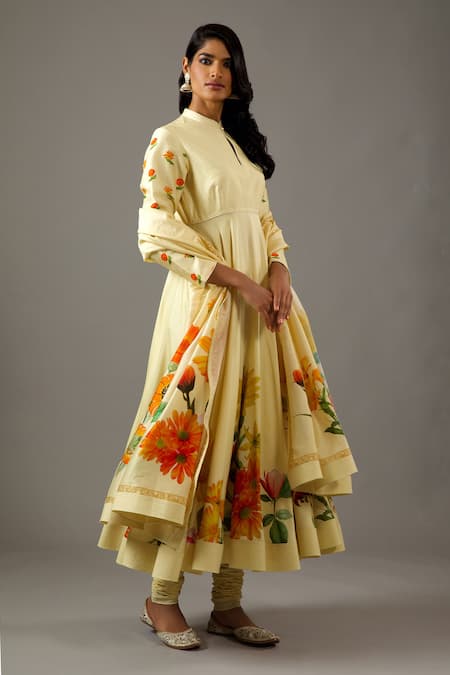 Balance By Rohit Bal Yellow Silk, Cotton, Embroidery Floret Print Anarkali Set at Aza Fashions Balance By Rohit Bal_Yellow Silk, Cotton, Embroidery Floret Print Anarkali Set _at_Aza_Fashions