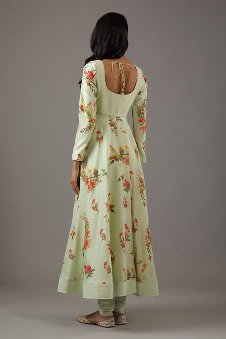 Shop Balance By Rohit Bal Green Chanderi Silk, Cotton, Net Embroidery Scoop Neck Flower Print Anarkali Set at Aza Fashions Shop_Balance By Rohit Bal_Green Chanderi Silk, Cotton, Net Embroidery Scoop Neck Flower Print Anarkali Set _at_Aza_Fashions