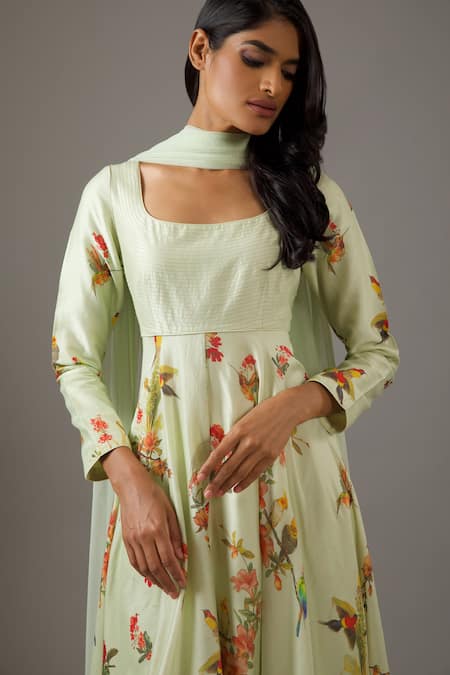 Balance By Rohit Bal Green Chanderi Silk, Cotton, Net Embroidery Scoop Neck Flower Print Anarkali Set Online at Aza Fashions Balance By Rohit Bal_Green Chanderi Silk, Cotton, Net Embroidery Scoop Neck Flower Print Anarkali Set _Online_at_Aza_Fashions