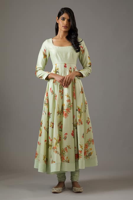 Shop Balance By Rohit Bal Green Chanderi Silk, Cotton, Net Embroidery Scoop Neck Flower Print Anarkali Set Online at Aza Fashions Shop_Balance By Rohit Bal_Green Chanderi Silk, Cotton, Net Embroidery Scoop Neck Flower Print Anarkali Set _Online_at_Aza_Fashions