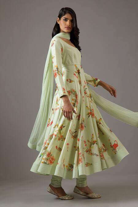 Balance By Rohit Bal Green Chanderi Silk, Cotton, Net Embroidery Scoop Neck Flower Print Anarkali Set at Aza Fashions Balance By Rohit Bal_Green Chanderi Silk, Cotton, Net Embroidery Scoop Neck Flower Print Anarkali Set _at_Aza_Fashions