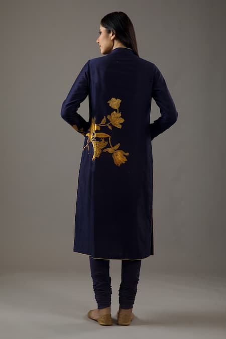 Shop Balance By Rohit Bal Blue Chanderi Silk, Cotton Foil Printing Mandarin Collar Kurta Set at Aza Fashions Shop_Balance By Rohit Bal_Blue Chanderi Silk, Cotton Foil Printing Mandarin Collar Kurta Set _at_Aza_Fashions