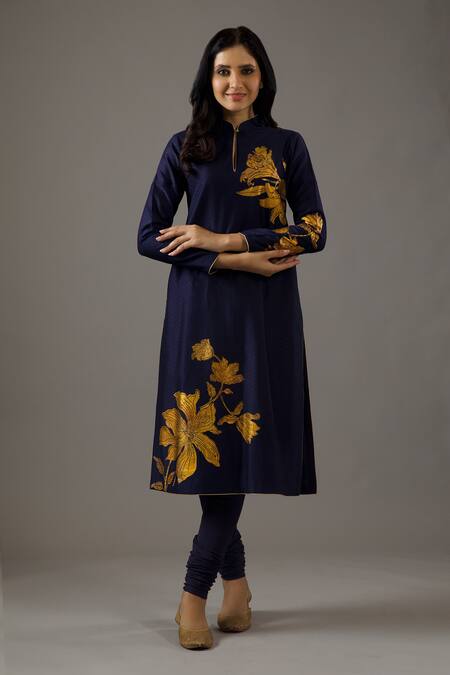 Balance By Rohit Bal Blue Chanderi Silk, Cotton Foil Printing Mandarin Collar Kurta Set Online at Aza Fashions Balance By Rohit Bal_Blue Chanderi Silk, Cotton Foil Printing Mandarin Collar Kurta Set _Online_at_Aza_Fashions