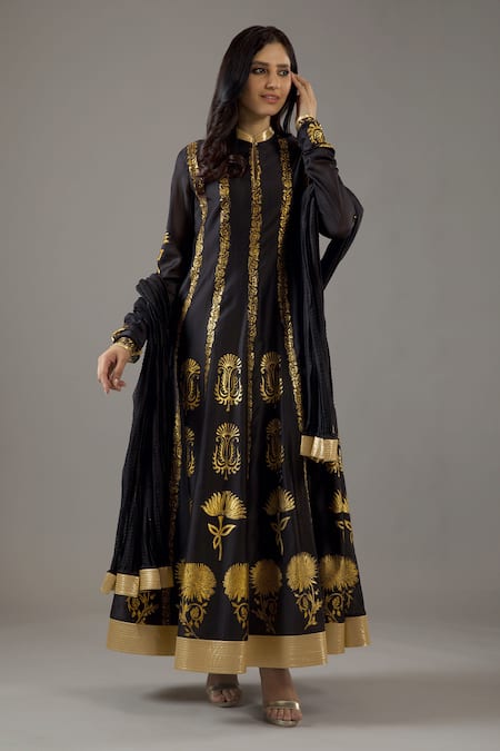 Balance By Rohit Bal Black Silk, Cotton, Foil Printing Mandarin Collar Anarkali Set