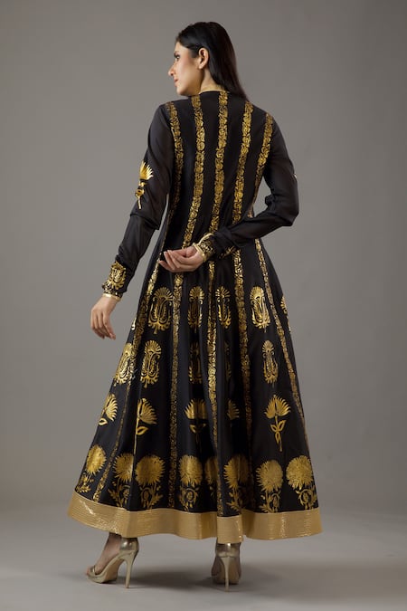 Shop Balance By Rohit Bal Black Silk, Cotton, Foil Printing Mandarin Collar Anarkali Set at Aza Fashions Shop_Balance By Rohit Bal_Black Silk, Cotton, Foil Printing Mandarin Collar Anarkali Set _at_Aza_Fashions