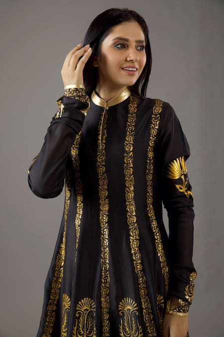 Balance By Rohit Bal Black Silk, Cotton, Foil Printing Mandarin Collar Anarkali Set Online at Aza Fashions Balance By Rohit Bal_Black Silk, Cotton, Foil Printing Mandarin Collar Anarkali Set _Online_at_Aza_Fashions