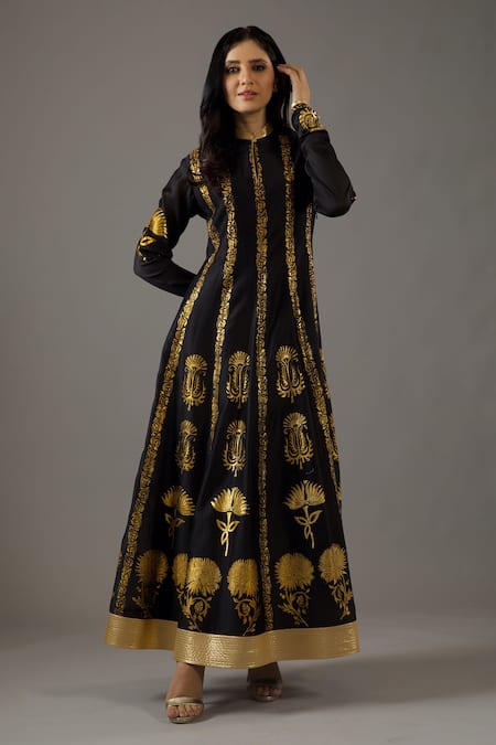 Buy Balance By Rohit Bal Black Silk, Cotton, Foil Printing Mandarin Collar Anarkali Set Online at Aza Fashions Buy_Balance By Rohit Bal_Black Silk, Cotton, Foil Printing Mandarin Collar Anarkali Set _Online_at_Aza_Fashions
