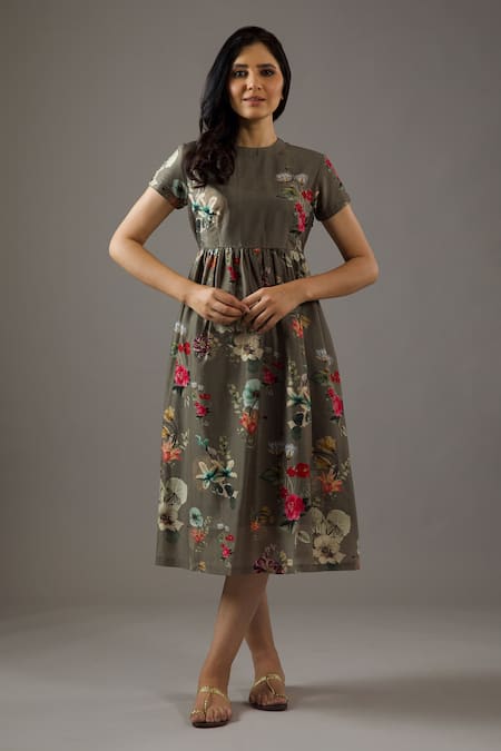 Balance By Rohit Bal Grey Chanderi Silk, Cotton Embroidery Round Neck Floral Print Dress