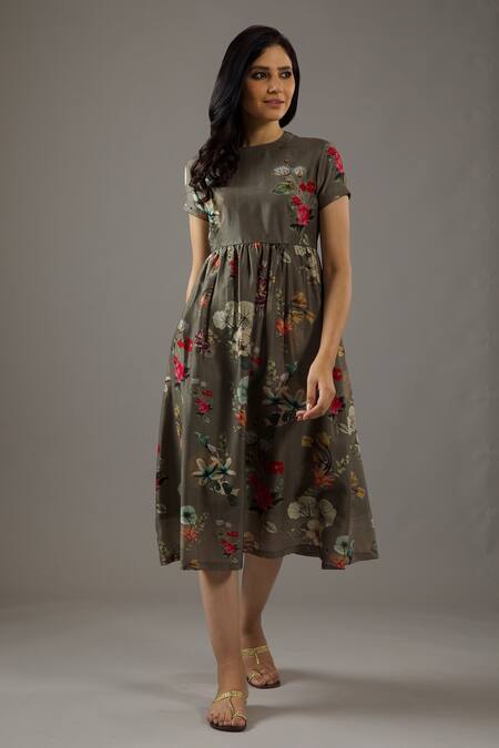 Balance By Rohit Bal Grey Chanderi Silk, Cotton Embroidery Round Neck Floral Print Dress Online at Aza Fashions Balance By Rohit Bal_Grey Chanderi Silk, Cotton Embroidery Round Neck Floral Print Dress _Online_at_Aza_Fashions