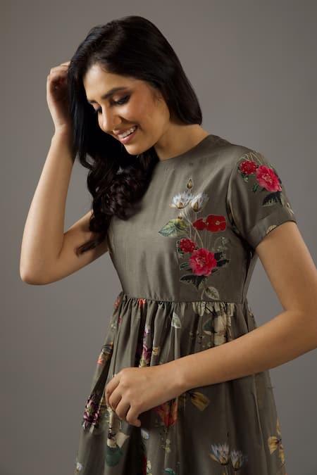 Buy Balance By Rohit Bal Grey Chanderi Silk, Cotton Embroidery Round Neck Floral Print Dress Online at Aza Fashions Buy_Balance By Rohit Bal_Grey Chanderi Silk, Cotton Embroidery Round Neck Floral Print Dress _Online_at_Aza_Fashions