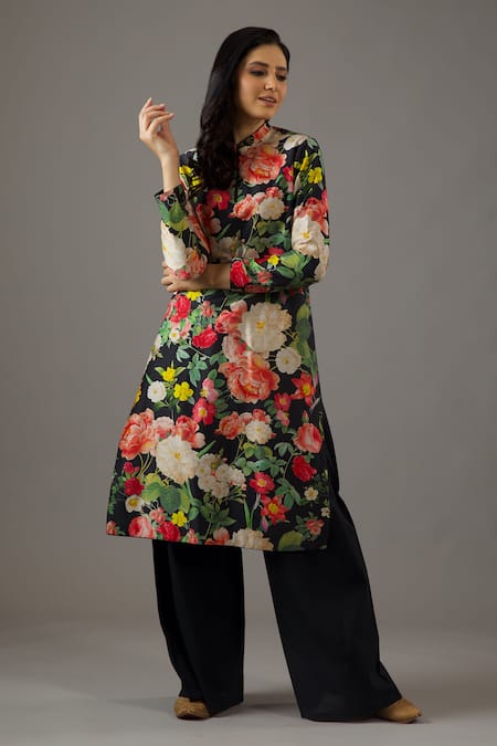 Balance by Rohit Bal Black Chanderi Silk Printed Floral Mandarin Collar Tunic And Solid Palazzo Set 