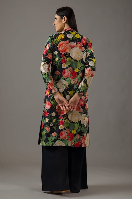 Shop Balance By Rohit Bal Black Chanderi Silk, Cotton Mandarin Collar Printed Tunic And Solid Palazzo Set at Aza Fashions Shop_Balance By Rohit Bal_Black Chanderi Silk, Cotton Mandarin Collar Printed Tunic And Solid Palazzo Set _at_Aza_Fashions