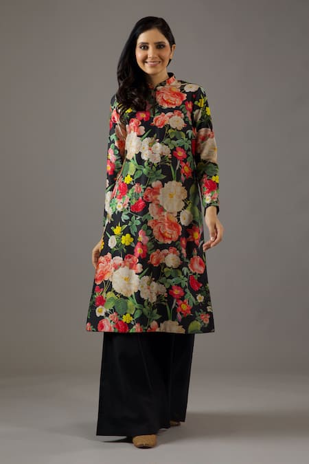 Shop Balance By Rohit Bal Black Chanderi Silk, Cotton Mandarin Collar Printed Tunic And Solid Palazzo Set Online at Aza Fashions Shop_Balance By Rohit Bal_Black Chanderi Silk, Cotton Mandarin Collar Printed Tunic And Solid Palazzo Set _Online_at_Aza_Fashions