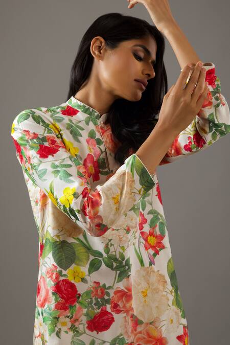 Balance By Rohit Bal Ivory Chanderi Silk, Cotton Embroidery Mandarin Printed Tunic And Palazzo Set Online at Aza Fashions Balance By Rohit Bal_Ivory Chanderi Silk, Cotton Embroidery Mandarin Printed Tunic And Palazzo Set _Online_at_Aza_Fashions