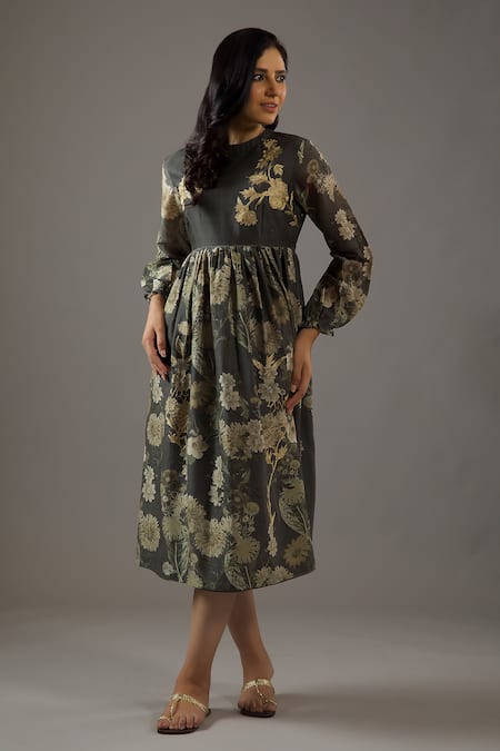 Balance by Rohit Bal Grey Chanderi Silk Printed Floral Round Dress 