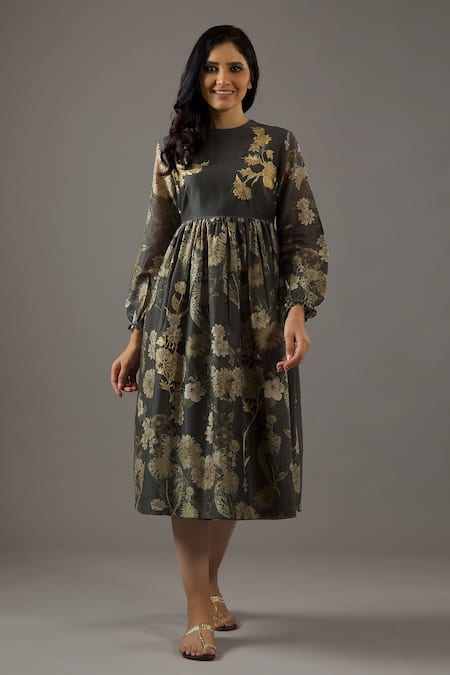 Balance By Rohit Bal_Grey Chanderi Silk, Cotton Embroidery Round Neck Flora Print Dress _Online_at_Aza_Fashions