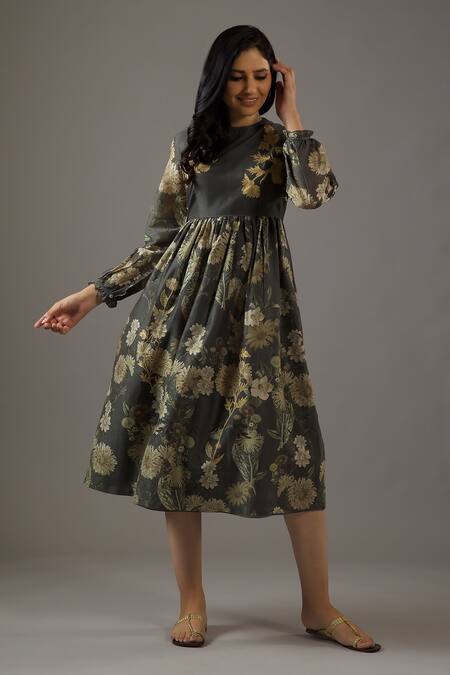Buy_Balance By Rohit Bal_Grey Chanderi Silk, Cotton Embroidery Round Neck Flora Print Dress _Online_at_Aza_Fashions