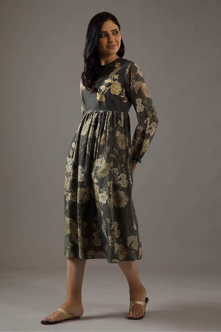 Shop_Balance By Rohit Bal_Grey Chanderi Silk, Cotton Embroidery Round Neck Flora Print Dress _Online_at_Aza_Fashions