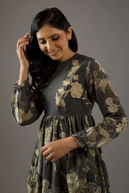 Balance By Rohit Bal_Grey Chanderi Silk, Cotton Embroidery Round Neck Flora Print Dress _at_Aza_Fashions
