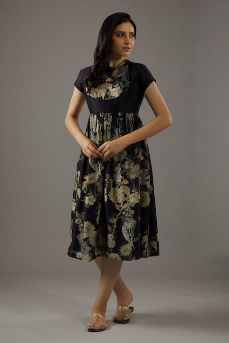 Balance By Rohit Bal Grey Chanderi Silk, Cotton Embroidery Round Neck Floret Print Dress 