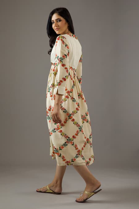 Balance By Rohit Bal_Ivory Chanderi Silk, Cotton V-neck Flower Print Dress _Online_at_Aza_Fashions