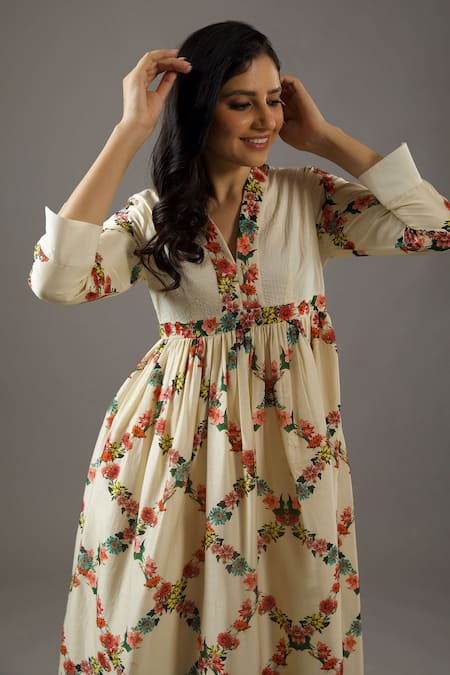 Buy_Balance By Rohit Bal_Ivory Chanderi Silk, Cotton V-neck Flower Print Dress _Online_at_Aza_Fashions