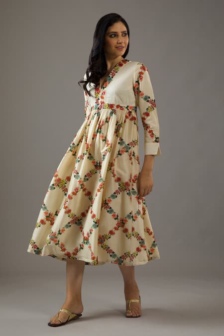 Shop_Balance By Rohit Bal_Ivory Chanderi Silk, Cotton V-neck Flower Print Dress _Online_at_Aza_Fashions