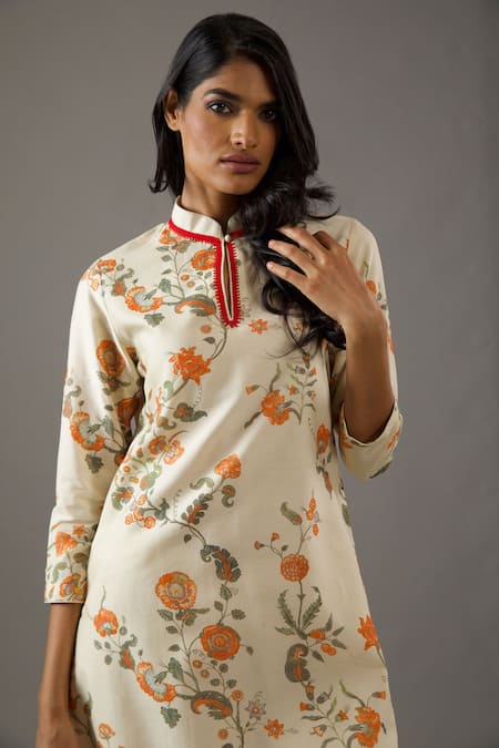 Shop Balance By Rohit Bal Ivory Chanderi Silk, Cotton Embroidery Mandarin Printed Tunic And Palazzo Set Online at Aza Fashions Shop_Balance By Rohit Bal_Ivory Chanderi Silk, Cotton Embroidery Mandarin Printed Tunic And Palazzo Set _Online_at_Aza_Fashions