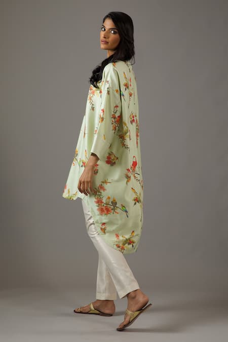 Shop Balance By Rohit Bal Green Chanderi Silk, Cotton Embroidery Mandarin Collar Printed Tunic at Aza Fashions Shop_Balance By Rohit Bal_Green Chanderi Silk, Cotton Embroidery Mandarin Collar Printed Tunic _at_Aza_Fashions