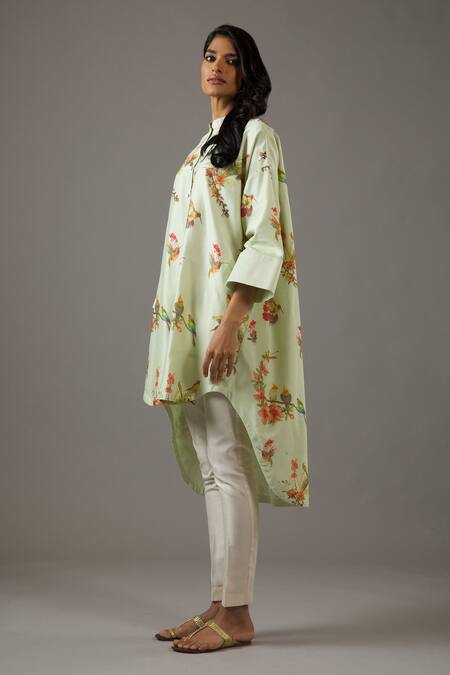 Balance By Rohit Bal Green Chanderi Silk, Cotton Embroidery Mandarin Collar Printed Tunic Online at Aza Fashions Balance By Rohit Bal_Green Chanderi Silk, Cotton Embroidery Mandarin Collar Printed Tunic _Online_at_Aza_Fashions