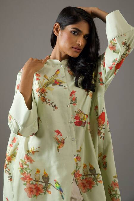 Buy Balance By Rohit Bal Green Chanderi Silk, Cotton Embroidery Mandarin Collar Printed Tunic Online at Aza Fashions Buy_Balance By Rohit Bal_Green Chanderi Silk, Cotton Embroidery Mandarin Collar Printed Tunic _Online_at_Aza_Fashions