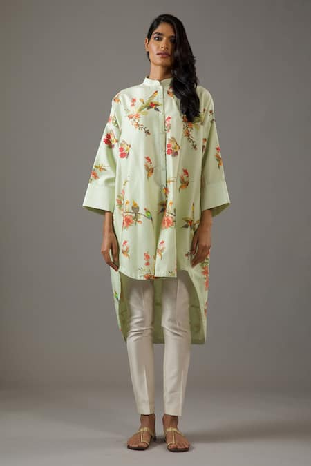 Shop Balance By Rohit Bal Green Chanderi Silk, Cotton Embroidery Mandarin Collar Printed Tunic Online at Aza Fashions Shop_Balance By Rohit Bal_Green Chanderi Silk, Cotton Embroidery Mandarin Collar Printed Tunic _Online_at_Aza_Fashions