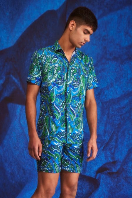 Shop Dash And Dot Blue Polyester Embroidery Paisley Print Shirt And Shorts Set Online at Aza Fashions Shop_Dash And Dot_Blue Polyester Embroidery Paisley Print Shirt And Shorts Set _Online_at_Aza_Fashions