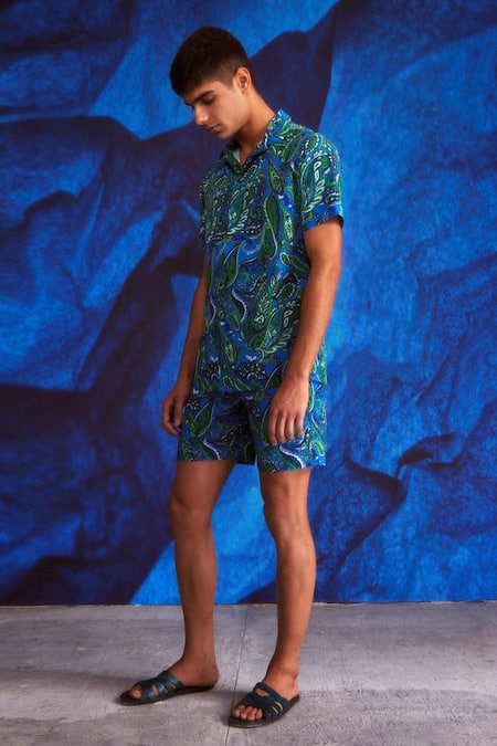 Dash And Dot Blue Polyester Embroidery Paisley Print Shirt And Shorts Set at Aza Fashions Dash And Dot_Blue Polyester Embroidery Paisley Print Shirt And Shorts Set _at_Aza_Fashions