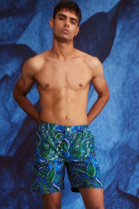 Shop_Dash And Dot_Blue Polyester Paisley Print Swim Shorts_Online_at_Aza_Fashions