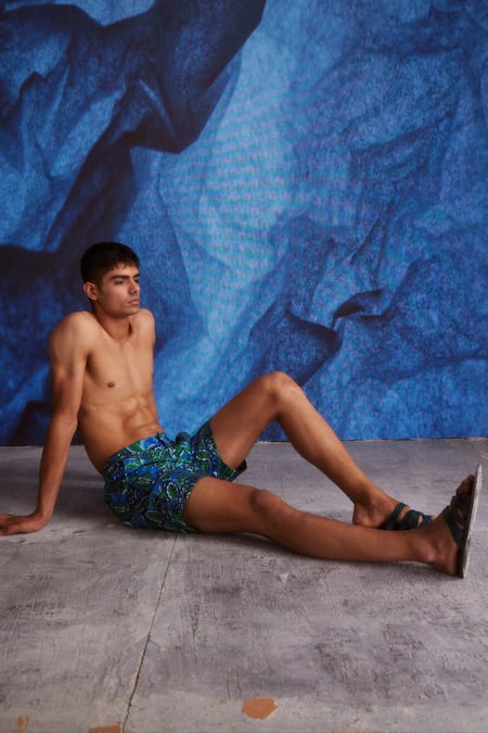 Buy_Dash And Dot_Blue Polyester Paisley Print Swim Shorts