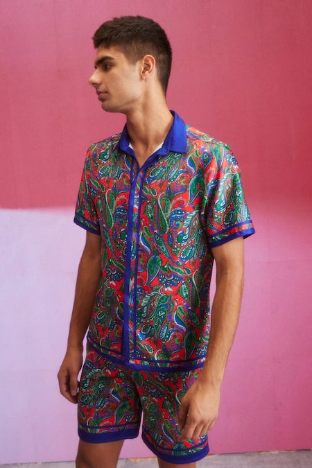 Shop Dash And Dot Red Polyester Paisley Print Shirt And Shorts Set Shop_Dash And Dot_Red Polyester Paisley Print Shirt And Shorts Set