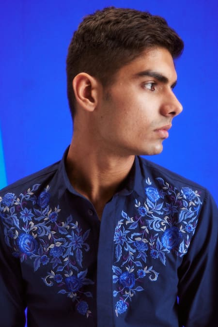 Shop Dash And Dot Blue Cotton Embroidery Organic Yoke Shirt Online at Aza Fashions Shop_Dash And Dot_Blue Cotton Embroidery Organic Yoke Shirt _Online_at_Aza_Fashions