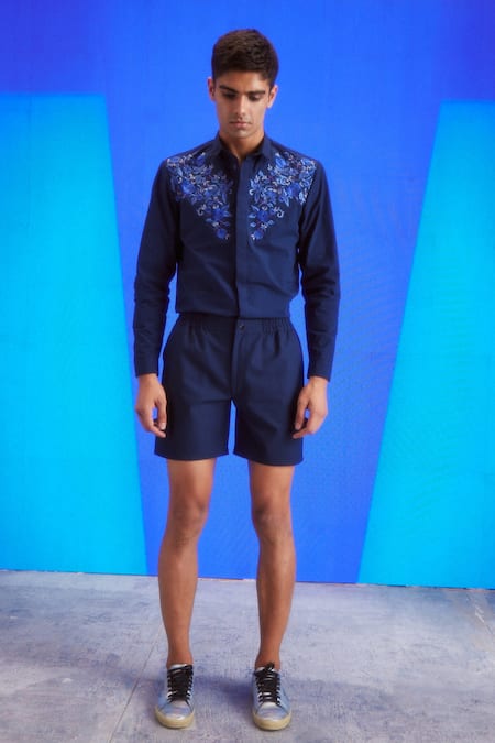 Dash And Dot Blue Cotton Embroidery Organic Yoke Shirt at Aza Fashions Dash And Dot_Blue Cotton Embroidery Organic Yoke Shirt _at_Aza_Fashions