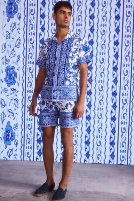 Dash And Dot White Polyester Embroidery Floral Ceramic Print Shirt And Shorts Set Online at Aza Fashions Dash And Dot_White Polyester Embroidery Floral Ceramic Print Shirt And Shorts Set _Online_at_Aza_Fashions